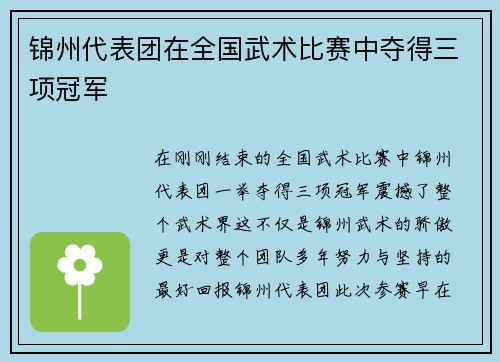 锦州代表团在全国武术比赛中夺得三项冠军